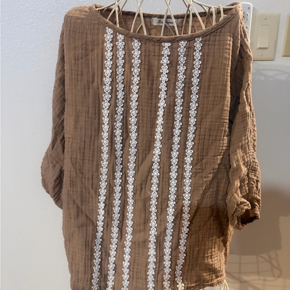 Brown Blouse with White Lace Detail